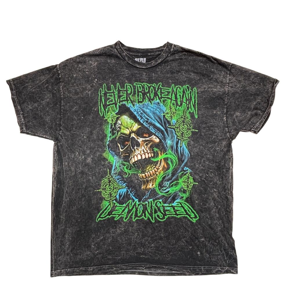 Never Broke Again T Shirt XL Black Demon Seed Skull Acid Wash Graphic Casual